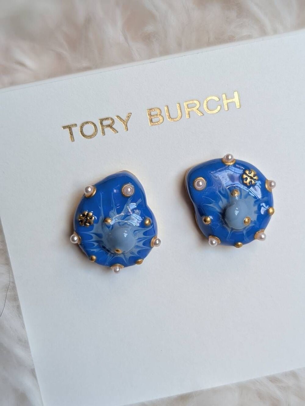 TORY BURCH Enamel Blue Sea Shell Pearl and Mini Logo Stud Earrings